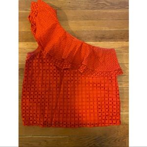 J Crew red one shoulder ruffle size O XS S top